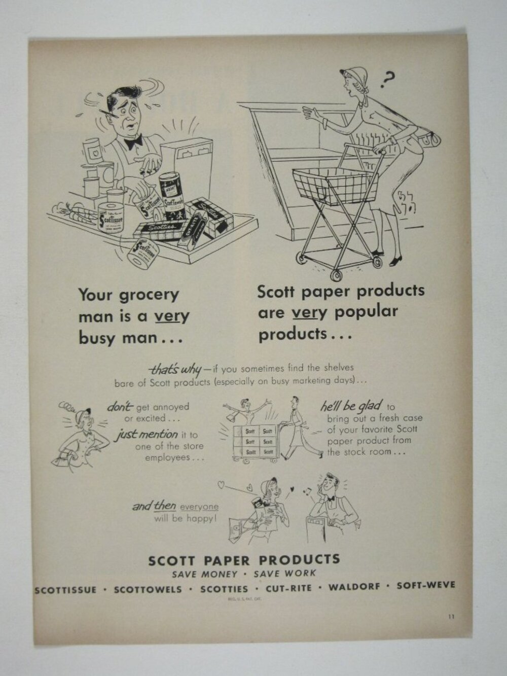 Print Ad 1950s Scott Paper Products Shopping Humor MOD Vintage AD Grocery